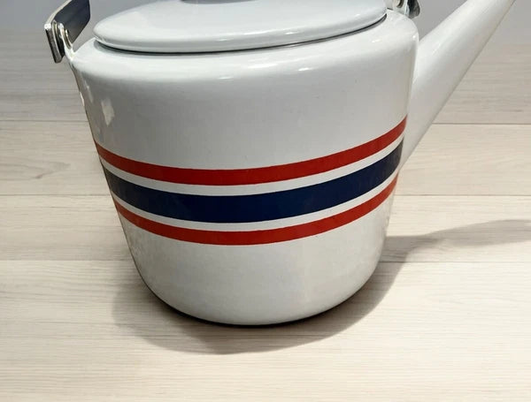 VTG Rare Cathrineholm Club Celebration Norway Enamel Tea Kettle 2 Qt White Red