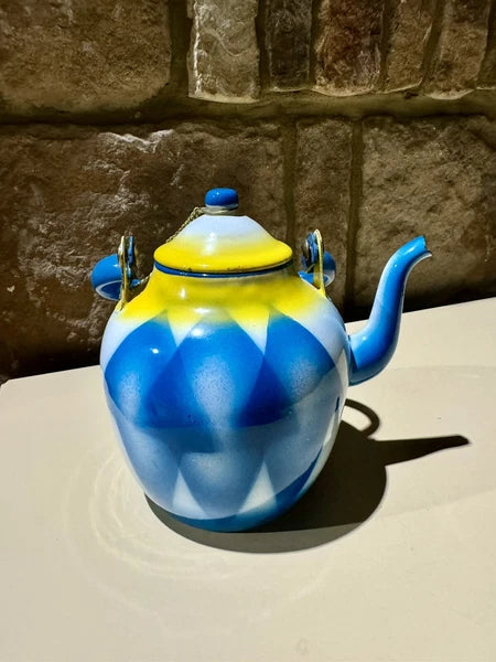 Vintage Antique Enamelware Enamel Yugoslavian Blue Yellow Geometric Teapot