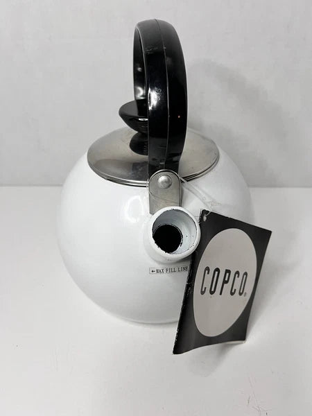 NOS Copco Whistling Teapot Tea Kettle White Enamel With Black Handle Tea Pot