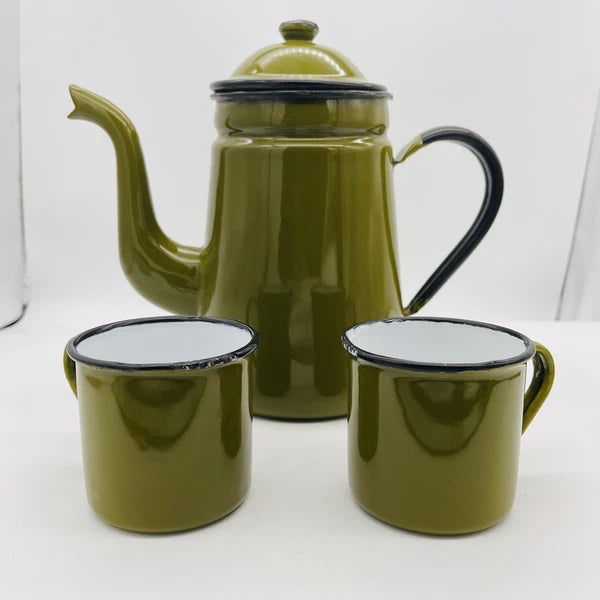 OTTO Japan Enamel Black Trim Tea Kettle Coffee Pot Decanter Green w/Lid & 2 Mugs
