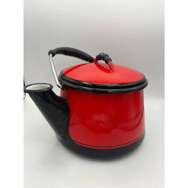 Vintage Kook King Ware Enamelware Tea Kettle Deep Red and Black Vollrath