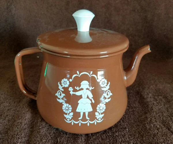 Vintage Enamelware Teapot Kettle;Coffee Brown & White