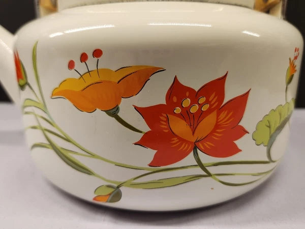 Vintage Saltera Himark Enamel RARE Teapot MCM  Red Orange Floral Wooden Handle