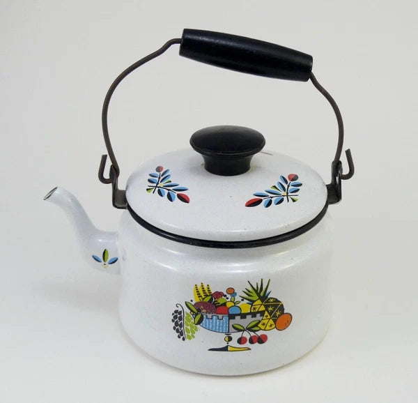 Vintage White Enamelware Metal Teapot / Tea Kettle with Retro Fruit Bowl Design