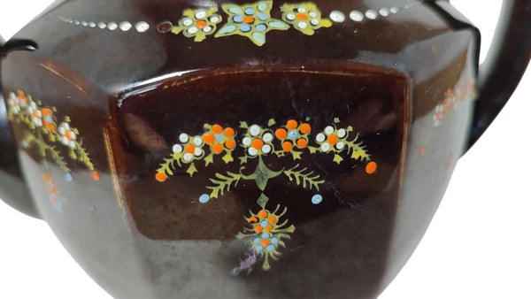 Vintage Brown Betty Redware Teapot Moriage Enamel Hand Painted Made In Japan SEE
