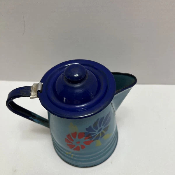 Vintage Enamel Toleware Metal Teapot w Lid Robin Egg Blue with Floral Design 6"