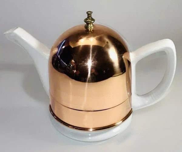 The  Cooks Bazaar  Copper Insulated Covered White Ceramic Tea Pot Kettle