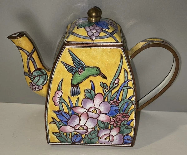 Vintage Miniature Enamel Teapot Hummingbird Hand painted