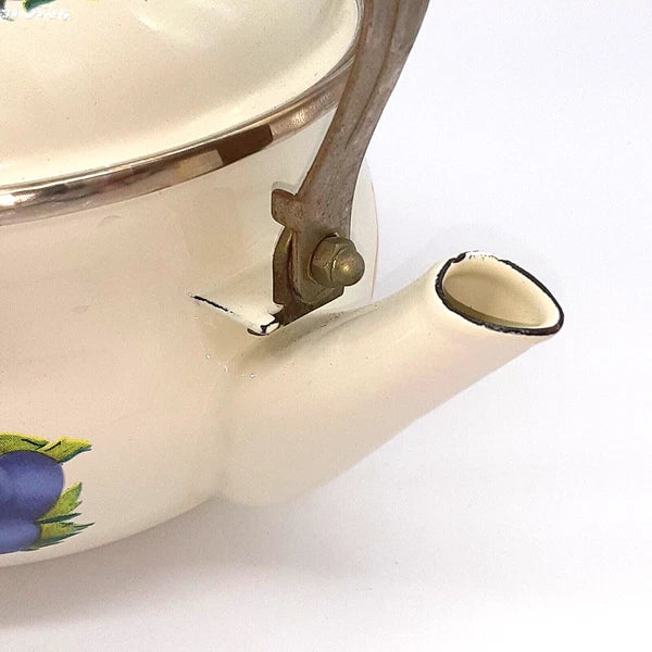 Vintage Water Kettle Tea Pot Enamel Fruit Cottagecore Chic Country Farm House