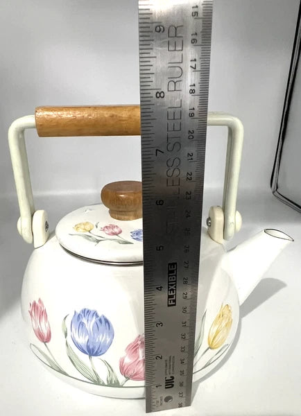 VTG 80s Tea Kettle Floral Porcelain Enamel on Steel Tableworks Unlimited Pastel