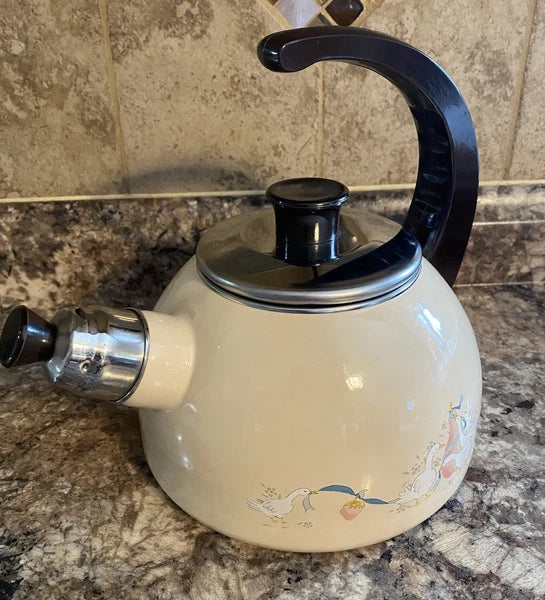 Vtg 80s International Marmalade Enamel Whistling Tea Kettle Country Goose