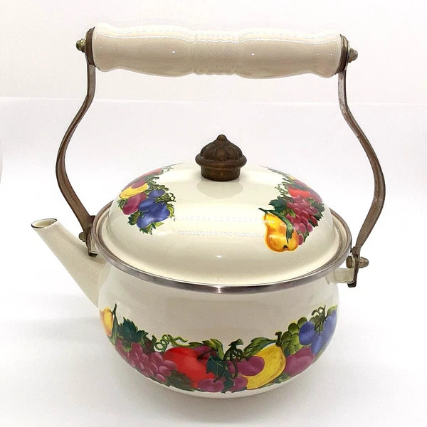 Vintage Water Kettle Tea Pot Enamel Fruit Cottagecore Chic Country Farm House