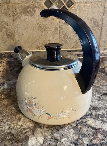 Vtg 80s International Marmalade Enamel Whistling Tea Kettle Country Goose