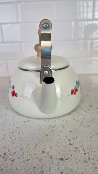 Vintage Lincoware Enamel Teapot Cream Fruit Motif Wood Handle Kettle