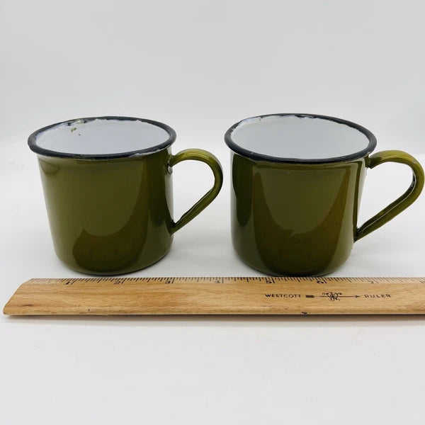 OTTO Japan Enamel Black Trim Tea Kettle Coffee Pot Decanter Green w/Lid & 2 Mugs
