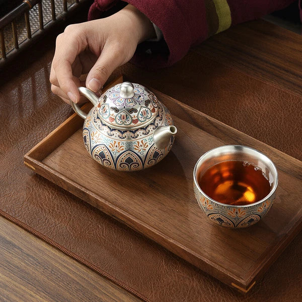 999 Silver Enamel Color Fengming Pot Ceramic Silver Teapot Kung Fu Tea Set Cups