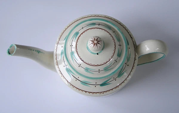 Rare Antique Staffordshire Creamware Teapot with Teal & Brown Enamel Decoration