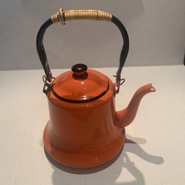 Vintage Orange Baked Enamel Ware Tea Pot Kettle by OTO Japan MOD KITCHEN