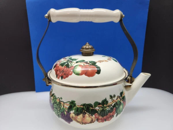 Tabletops Unlimited Vitroceramic Tea Pot With Lid Enamel Fruit Pattern