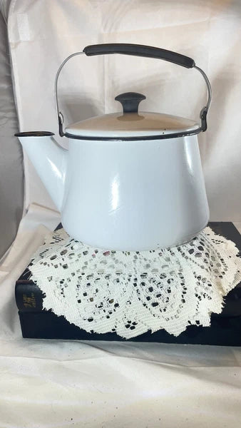 Vintage Black And White Enamelware Tea Kettle With Black Handle