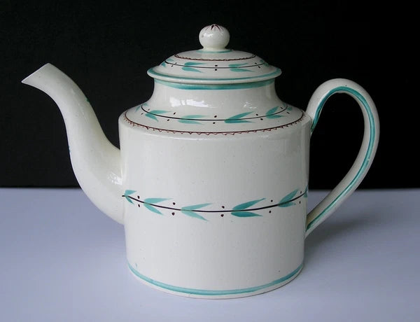 Rare Antique Staffordshire Creamware Teapot with Teal & Brown Enamel Decoration