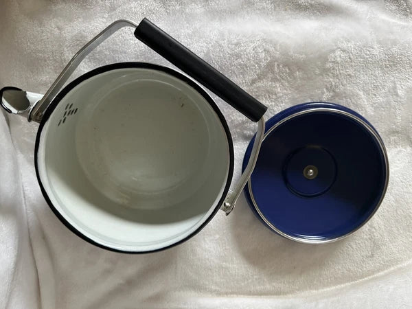 Vintage Enamel Tea Kettle White With Blue Scene