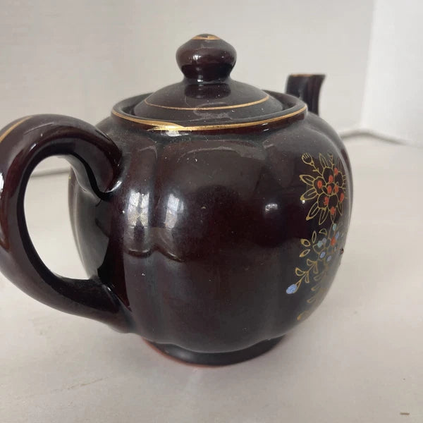 Brown Betty Redware Teapot Moriage Enamel Hand-Painted Mini Japan Vintage 4.5”