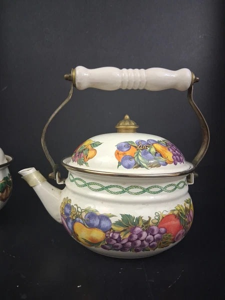 Vtg Lot Enamel Cookware Pots Tabletops Unlimited Cornucopia Teapot Brass Handles