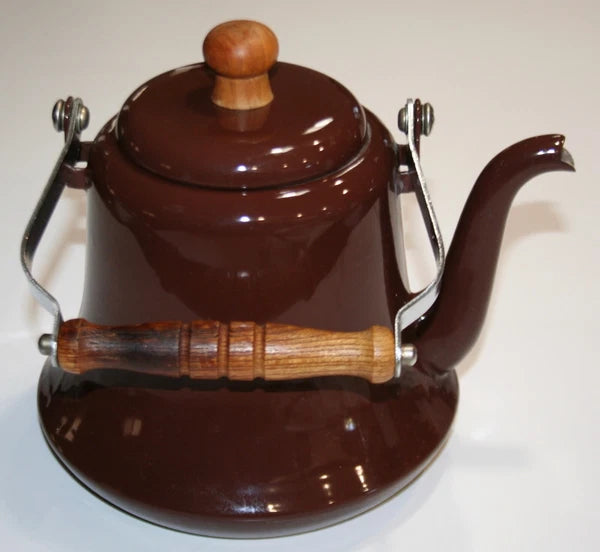 Vintage Enamel Metal Tea Pot with Wooden Handles Chocolate Brown