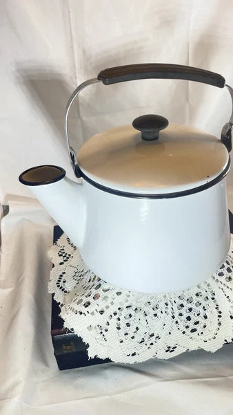 Vintage Black And White Enamelware Tea Kettle With Black Handle