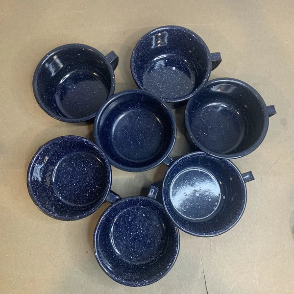 Vintage Enamelware Coffee Tea Pot Kettle & 7 Cups Blue & White Speckled