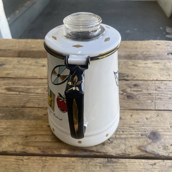 Vintage MCM Georges Briard Ambrosia Enamel Coffee Tea Pot Fruit Pineapple