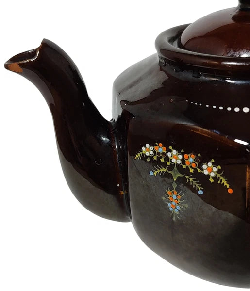 Vintage Brown Betty Redware Teapot Moriage Enamel Hand Painted Made In Japan SEE