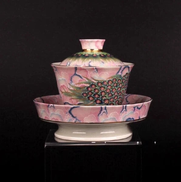 Chinese Antique Coffee Cup Teapot Pink Peacock Enamelled Cloisonne Porcelain