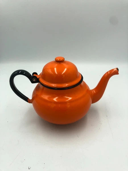 Vintage Huta Silesia Enamelware Orange Teapot 60s-70s