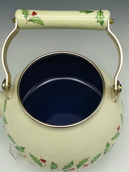 Lenox Holiday Tea Kettle Holly Berry Metal Enamel Gold Trim Teapot with Lid