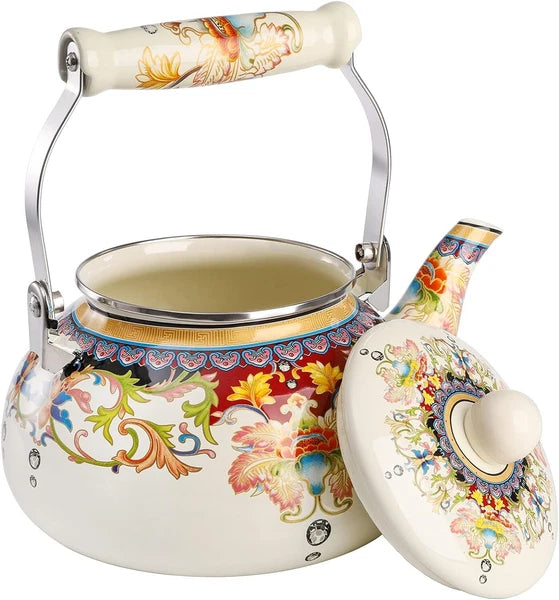 Vintage Floral Enamel Tea Kettle - Elegant 2.5L Stovetop Teapot by