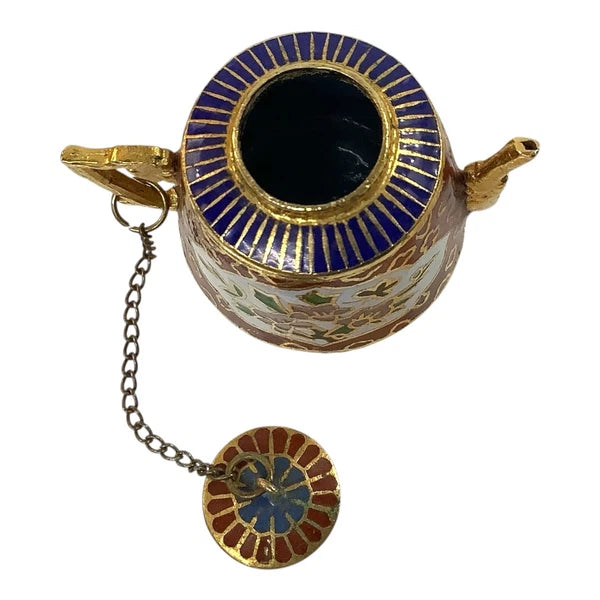 Vtg Cloisonné Miniature Chinese Teapot 6pc Set Brass Enamel Floral Inlay Unique