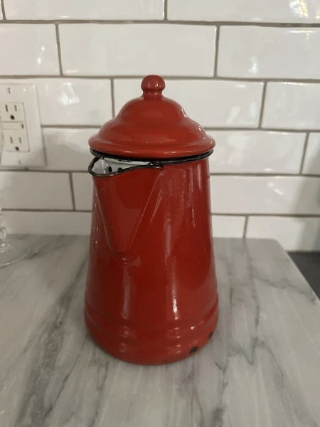 Red Enamel Teapot Metal Enamelware Farmhouse Country Vintage French