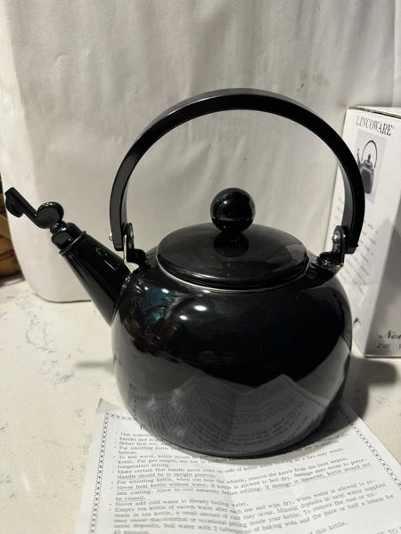 Lincoware Tea Kettle Black Enamel Whistling Teapot Vintage Kitchen