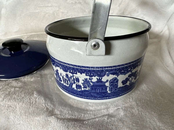 Vintage Enamel Tea Kettle White With Blue Scene