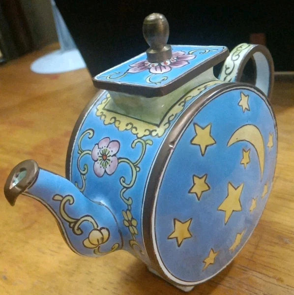 miniature cloisonne Copper Enamel teapot  Moon and Stars 3 1/2" H