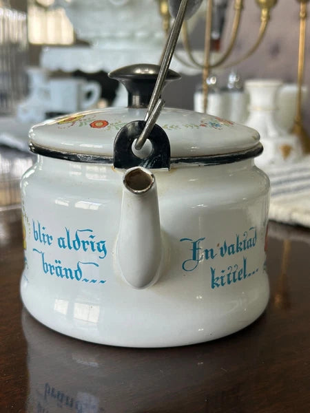 Vintage Berggren Enamelware Teapot Tea Kettle Pennsylvania Dutch Folk Art Decor