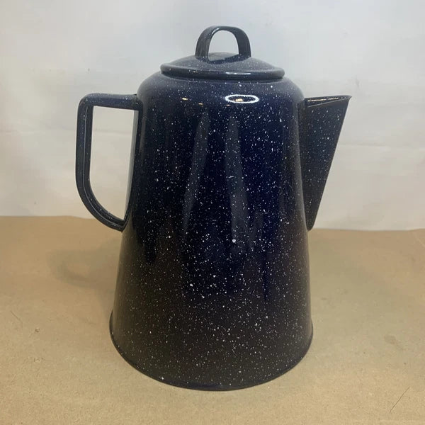 Vintage Enamelware Coffee Tea Pot Kettle & 7 Cups Blue & White Speckled