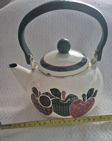 Vintage Apple Themed Enamel Metal 8 Cup - Teapot Kettle