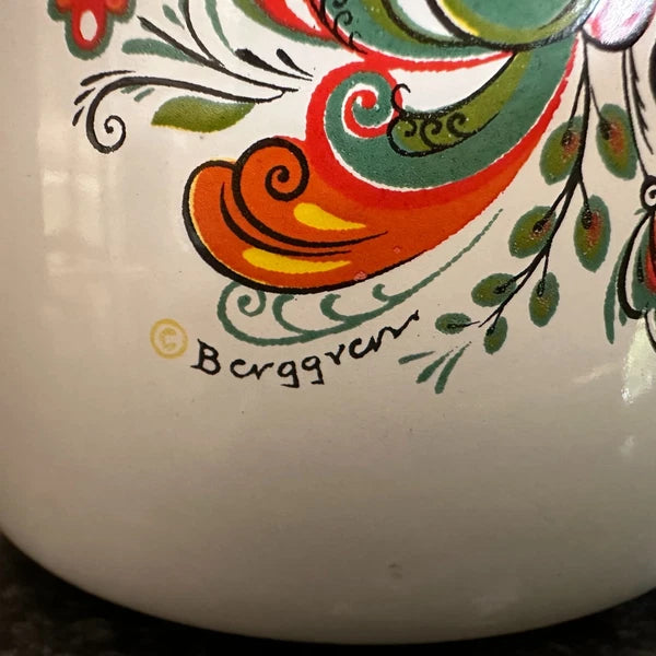 Vtg Berggren Swedish Floral Enamel Coffee Tea Pot Folk Art Design Enamelware