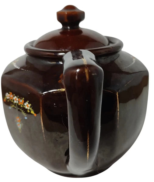 Vintage Brown Betty Redware Teapot Moriage Enamel Hand Painted Made In Japan SEE