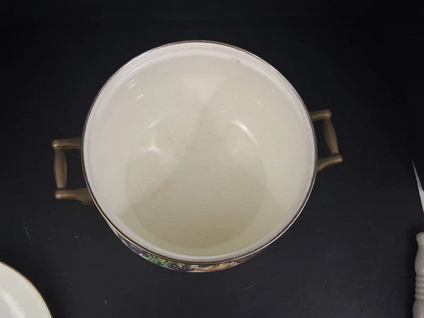 Vtg Lot Enamel Cookware Pots Tabletops Unlimited Cornucopia Teapot Brass Handles