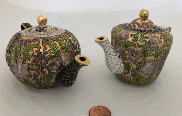 Vintage Cloisonne Enamel and Bronze 2 Teapot Set