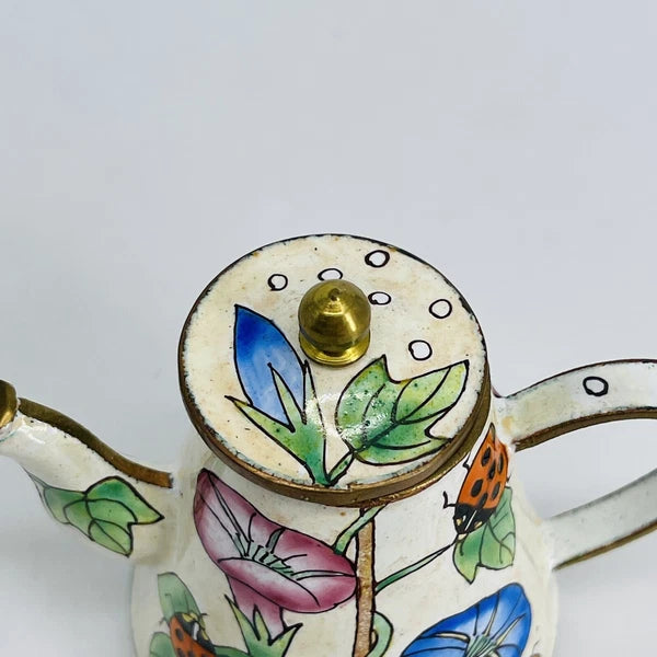 VINTAGE MINI HAND-PAINTED FLORAL LADYBUG METAL ENAMEL/BRASS TEAPOT/WATER CAN